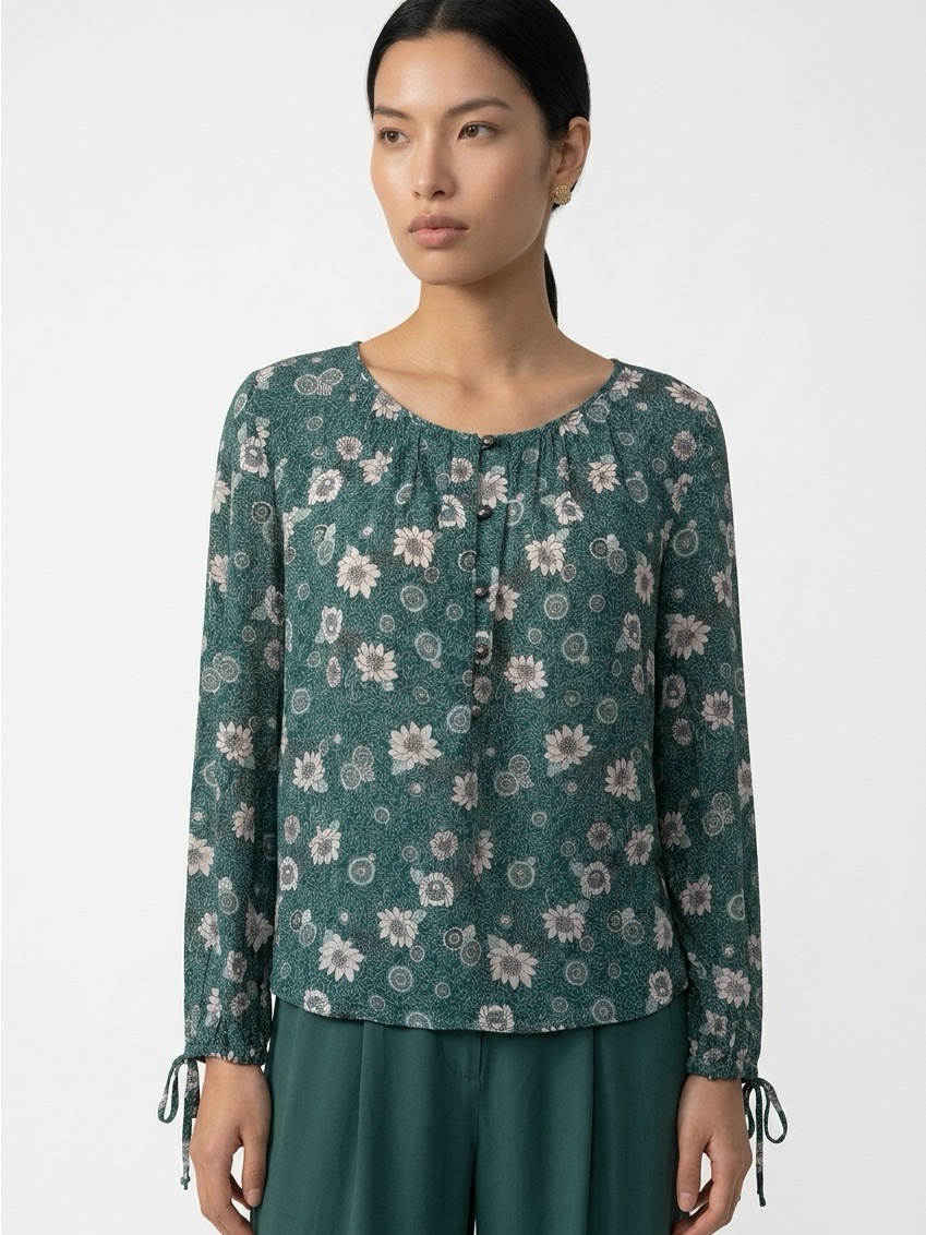 Lucky Brand Womens Size Small Green Floral Henley Elastic Waist Top Blouse 89